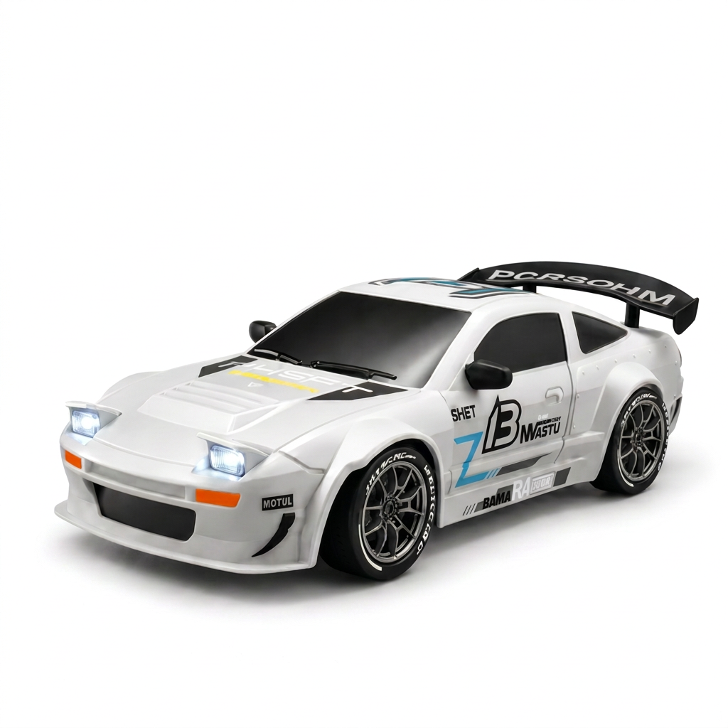 Voiture de Drift RC 4WD 1:24 SKU-A, Gyroscopique Réglable, Lumières LED, Pneus Doubles, Batterie au Lithium & Suspension avec Accessoires Complètes pour Adultes & Adolescents Amateurs, Lot de 1 Blanc