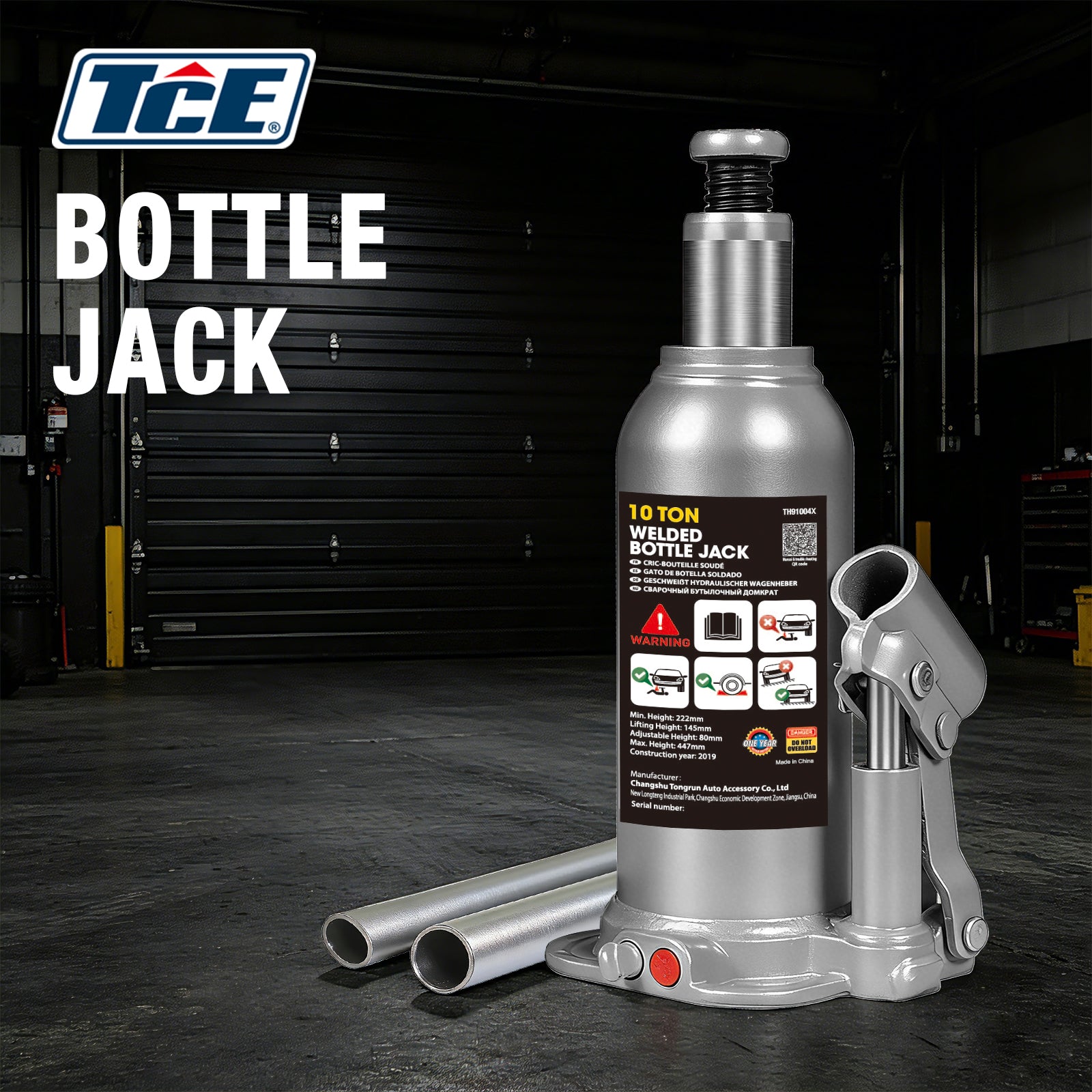 TCE Cric Bouteille Hydraulique Vertical de Qualité Industrielle 10t 222-448mm Base en Acier Forgé Tige de Piston Chromée avec Soupape de Sécurité Anti-Débordement pour Camions Lourds