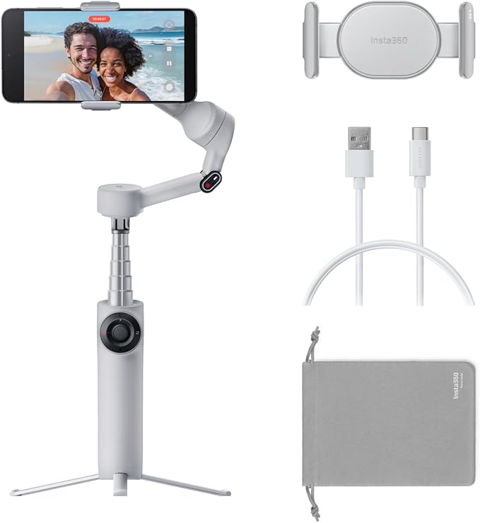 Insta360 Flow 2 Gris - Stabilisateur pour smartphone pliable avec IA, suivi IA et multi-personnes, trépied/perche à selfie intégrés, télécommande, compatible iPhone/Android, voyage