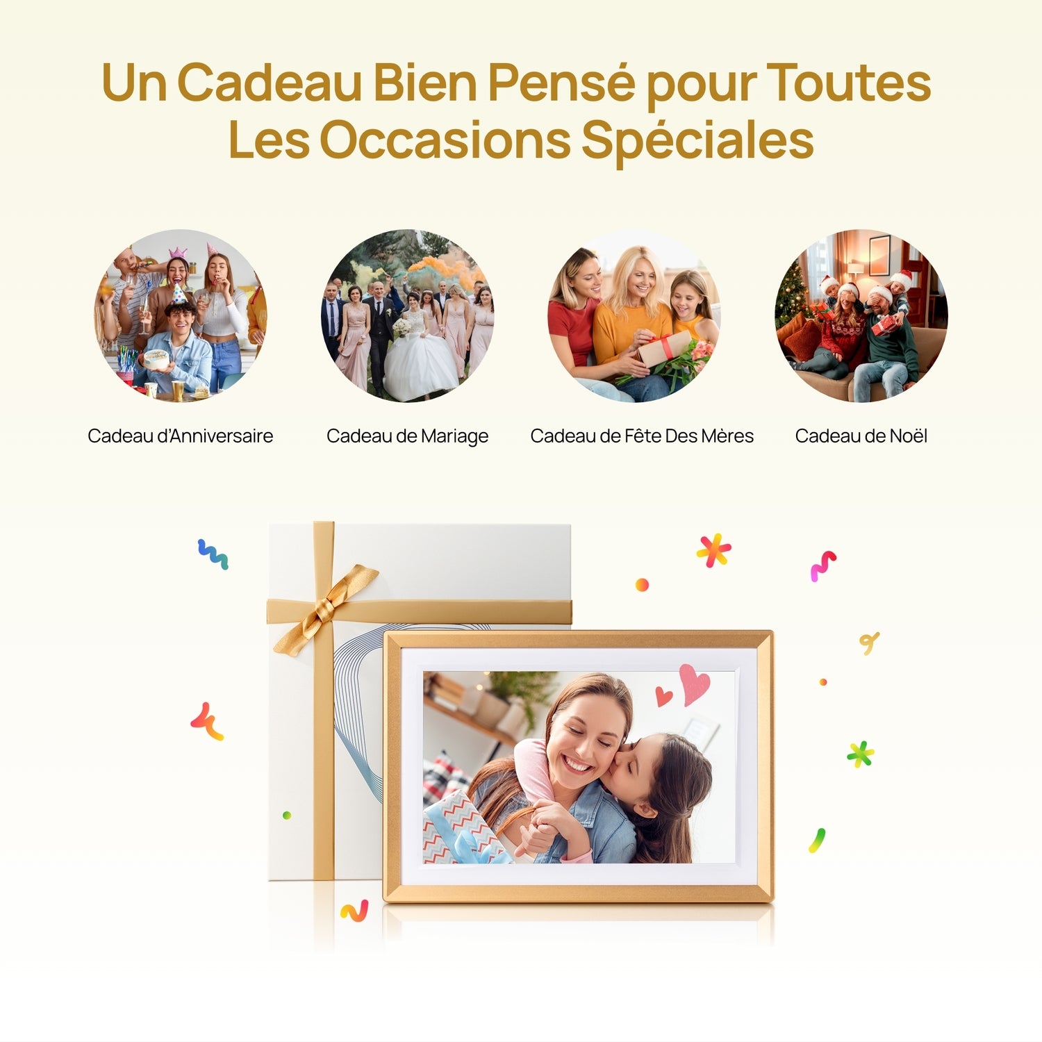 ARZOPA D10 Cadre photo numérique en métal 10,1 pouces, Stockage cloud gratuit, Cadre photo Wi-Fi, Écran tactile HD numérique, Sans abonnement, Partage photos vidéos, Carte de vœux individuelle à offrir en cadeau - D10 Or