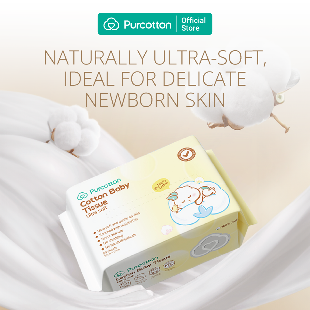 Purcotton Mouchoirs bébé 100 % coton (Ultra doux) 80 Feuilles/paquet (3 Paquets individuels)