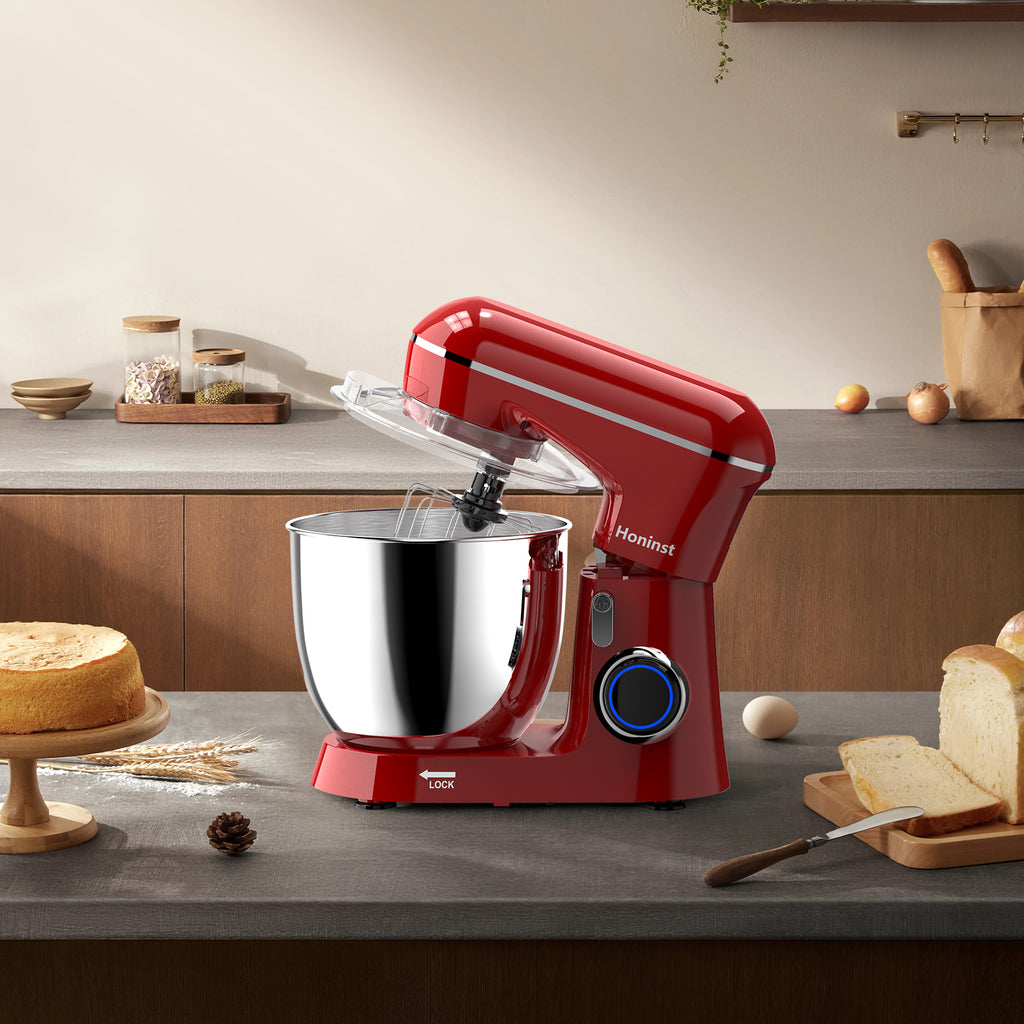 HONINST Robot pâtissier électrique à tête inclinable, 6,5 qt, 10 vitesses, robot de cuisine 3 en 1 avec bol, crochet pétrisseur, fouet et batteur plat