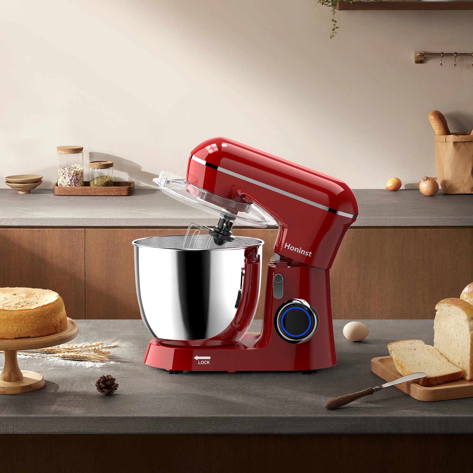 HONINST Robot pâtissier électrique à tête inclinable, 6,5 qt, 10 vitesses, robot de cuisine 3 en 1 avec bol, crochet pétrisseur, fouet et batteur plat