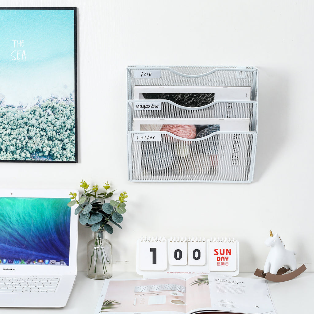 Senhoglb Porte-documents mural A4 en maille métallique à 3 niveaux, Blanc, Soldes du Nouvel An, Meilleures idées cadeaux