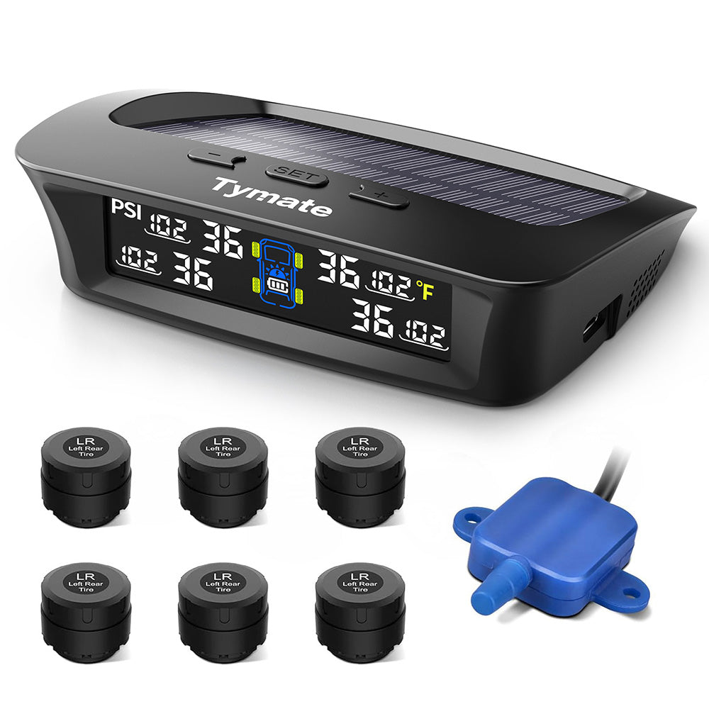 Tymate Système de surveillance de la pression des pneus pour camping-car, moniteur de pression des pneus à recharge solaire, équipé de 6 capteurs, 6 modes d’alarme, répéteur