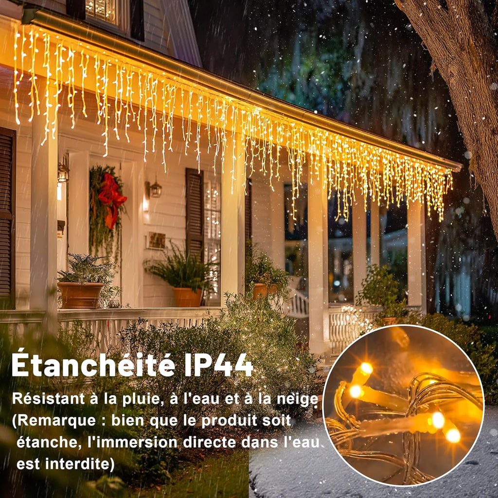 SALCAR Guirlande lumineuse extérieure 5M 200 LED rideau de stalactites avec télécommande, 8 modes, IP44, étanche - Blanc chaud