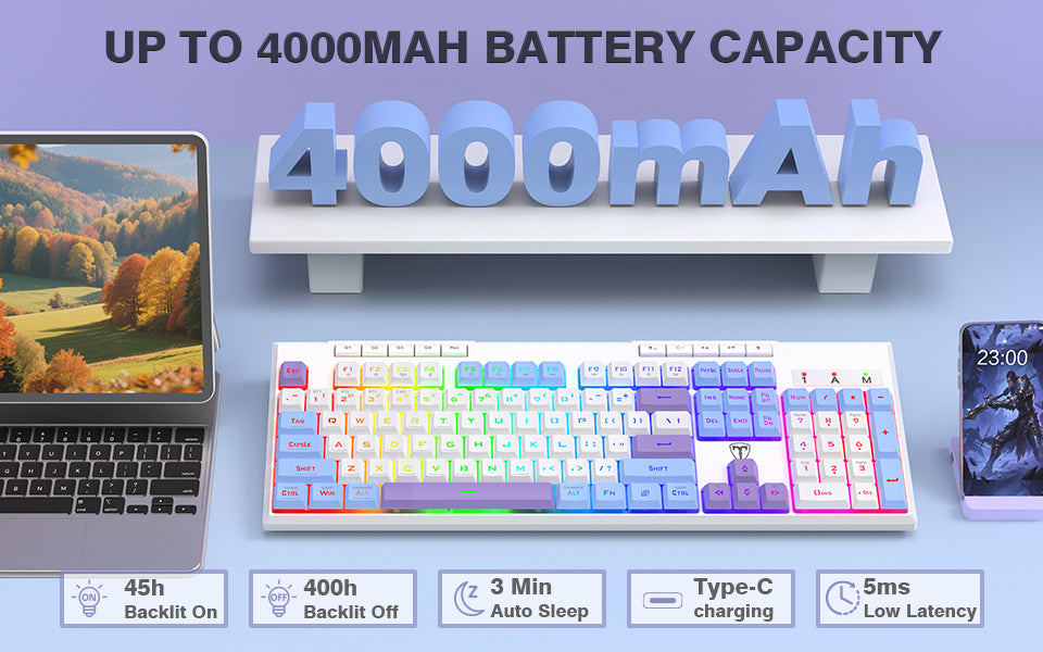 ET clavier de jeu 100 % à trois modes, disposition QWERTY américaine, rétroéclairage RVB, macros personnalisables, anti-effet fantôme 26 touches, 4000 mAh, crémeux