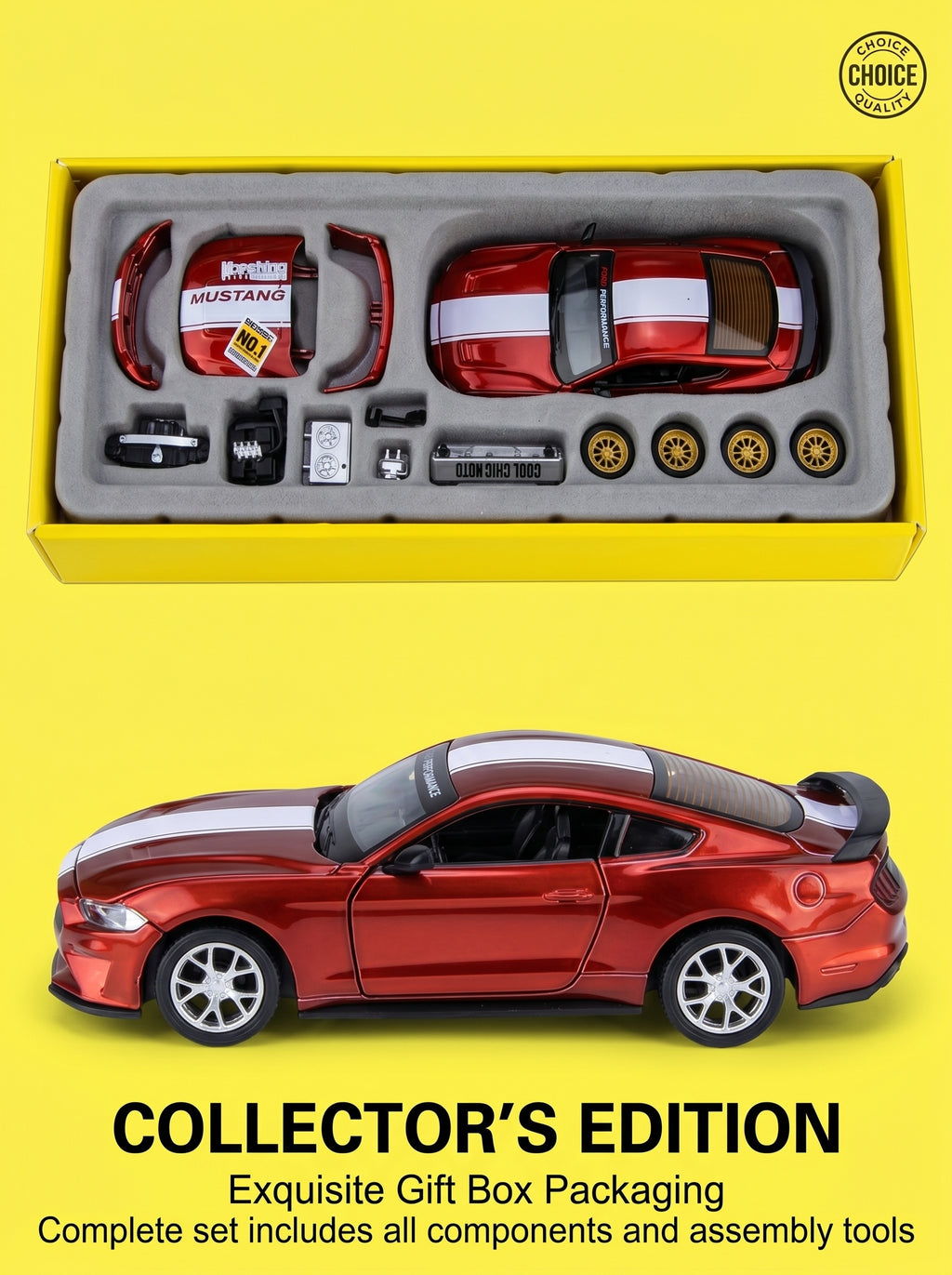 CCA1:42 2018 Ford Mustang GT Classic Red – Modèle de voiture à l’échelle 1:42, kit de montage DIY, portes ouvrantes et pièces interchangeables, modèle de collection et jouet d’exposition