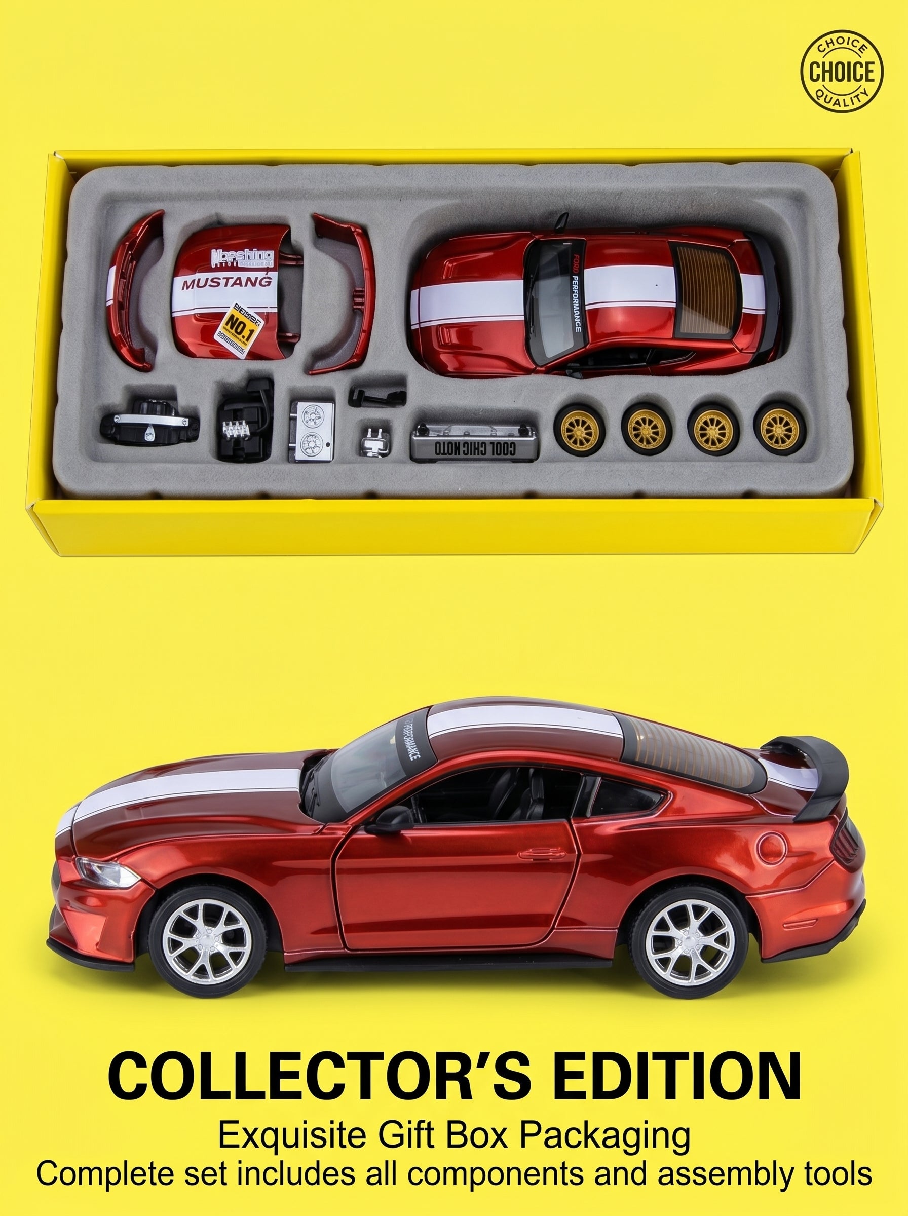 CCA1:42 2018 Ford Mustang GT Classic Red – Modèle de voiture à l’échelle 1:42, kit de montage DIY, portes ouvrantes et pièces interchangeables, modèle de collection et jouet d’exposition