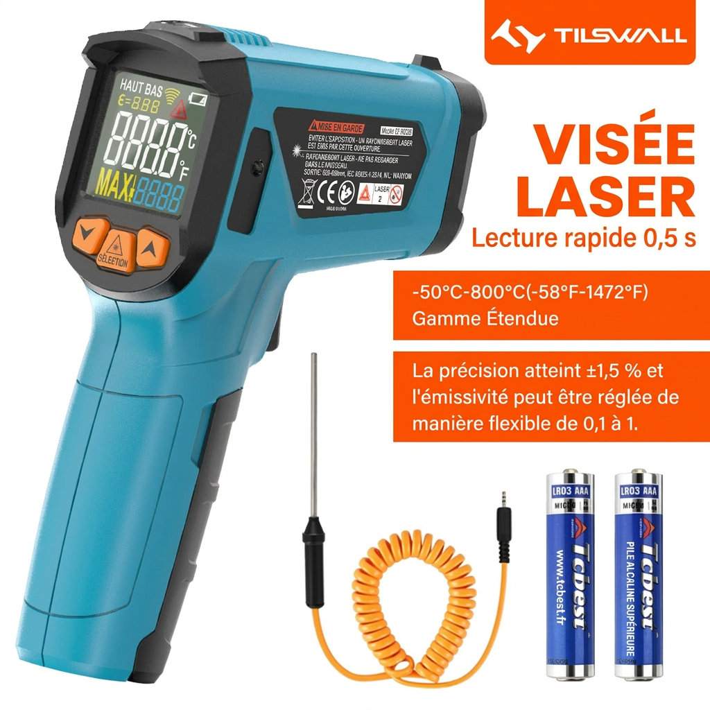 TILSWALL Thermomètre infrarouge (Non destiné aux personnes) -50 °C à 800 °C Thermomètre laser numérique infrarouge avec écran LCD de cuisson pour cuisson/barbecue/four à pizza/congélateur/industrie