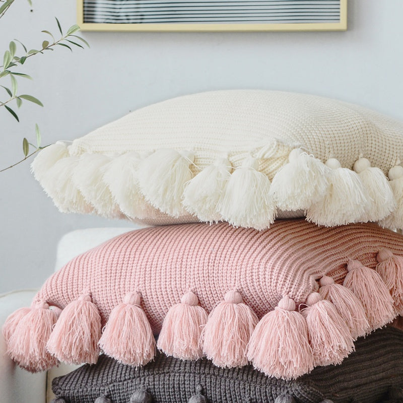 MEROPE, Housse de coussin en acrylique tricoté à franges, 50x50 cm, rose, 1 pack