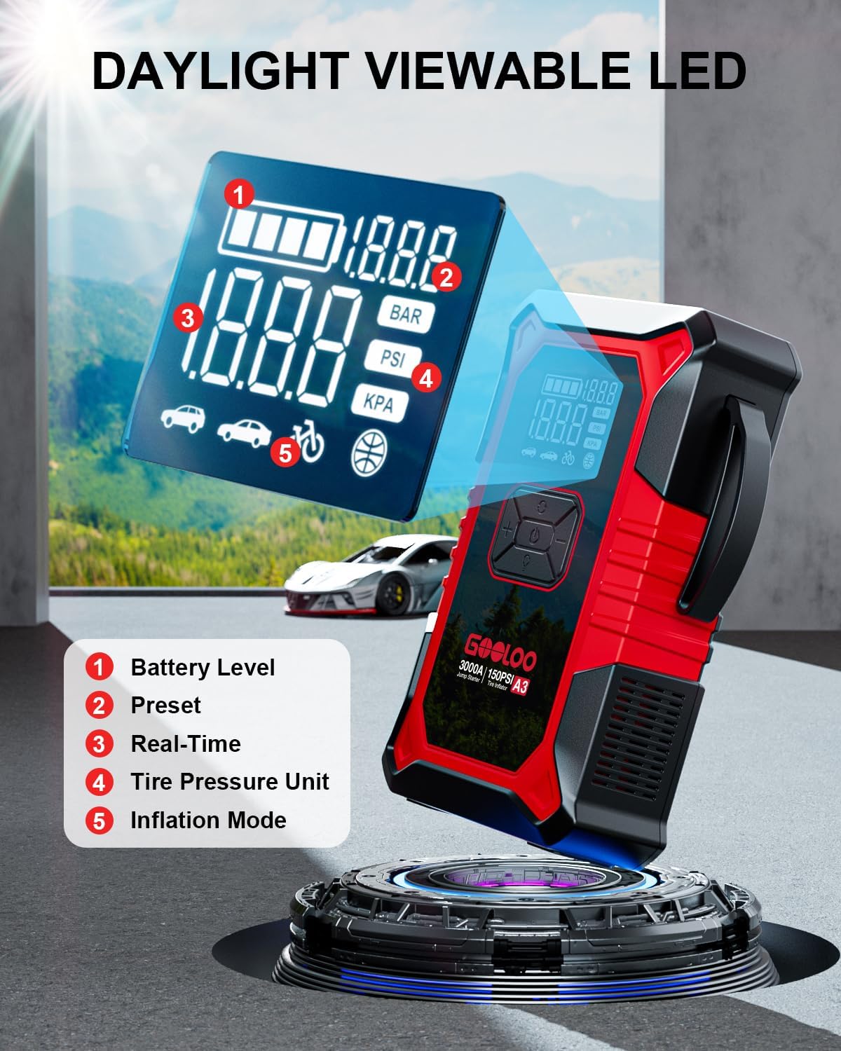 (GOOLOO10) Démarreur de voiture GOOLOO A3 avec batterie externe et compresseur, batterie externe de démarreur de secours 3000 A 150 PSI pour véhicules 12 V (jusqu'à 9,0 L d'essence /