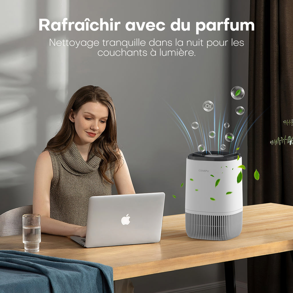 CONOPU Purificateur d'air HEPA avec diffuseur de parfum, 3 modes, minuterie 24 h, élimine fumée / pollen / squames et poils d'animaux, portable pour chambre / salon