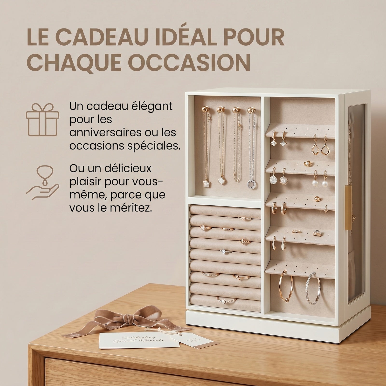 JOYFURNOS Organisateur de bijoux rotatif à 360°, Boîte de rangement verticale avec fenêtre en verre, 7 tiroirs, Idée cadeau, Blanc