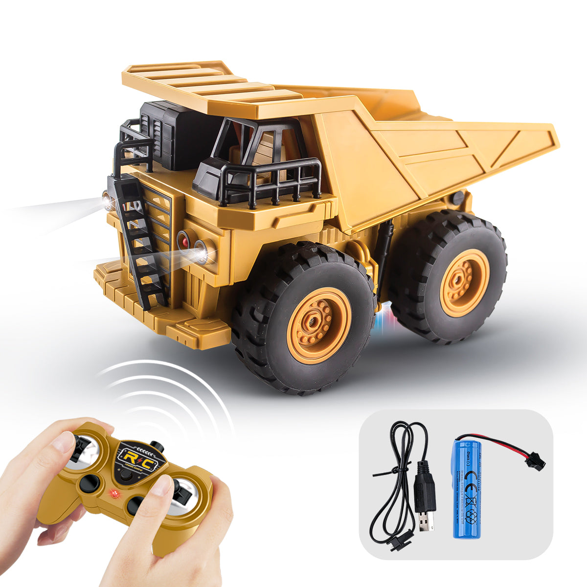 Jouet camion benne RC, Camion de mine télécommandé en plastique rechargeable avec phare LED, Plateau de chargement relevable, Jouet de véhicule d'ingénierie tout-terrain pour garçons cadeau pour enfants