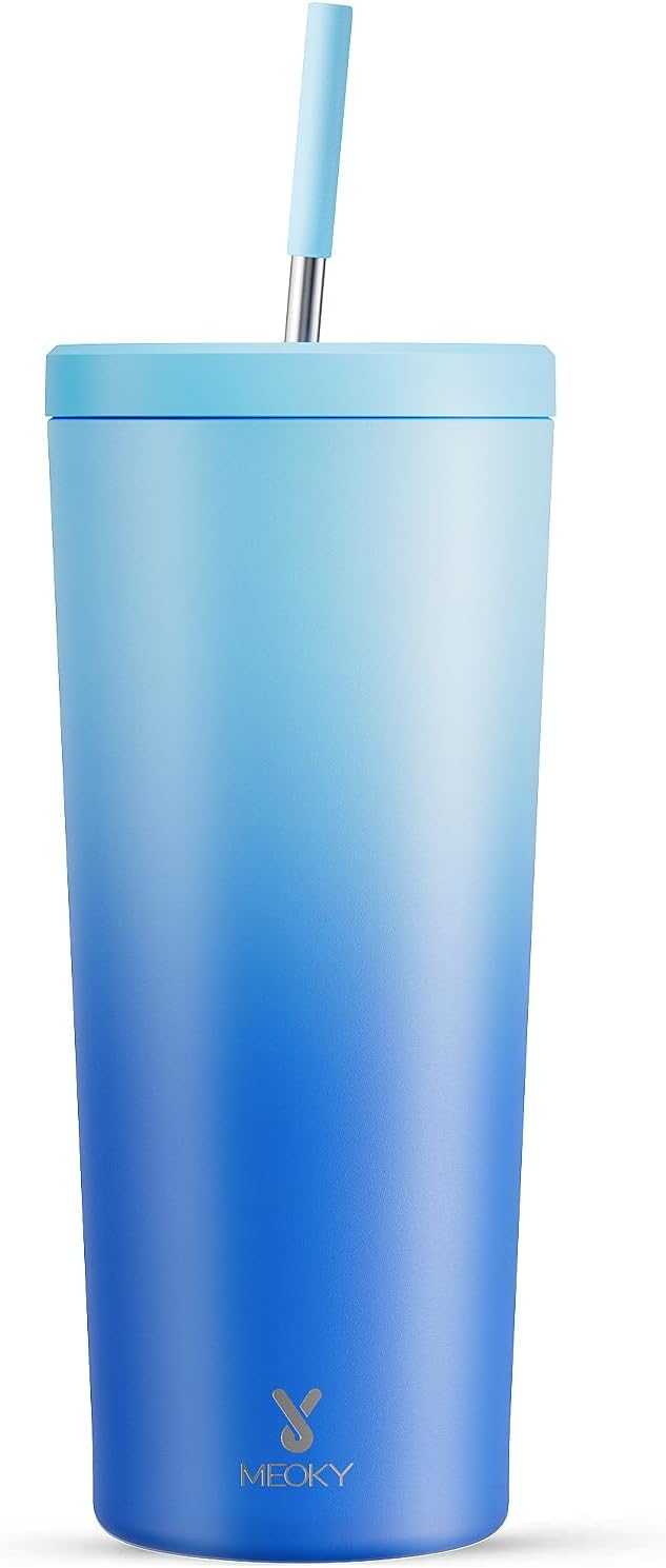 Meoky Gobelet isotherme 24 oz avec couvercle et paille, Gobelet isotherme sous vide en acier inoxydable, Garde le froid 24 heures, 100 % étanche, Compatible porte-gobelet de voiture Bleu ciel