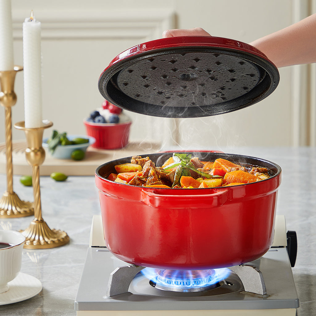 COOKER KING Chuanjia 24 cm Faitout en fonte émaillée, ustensile de cuisson robuste à maintien thermique, rouge style Le Creuset