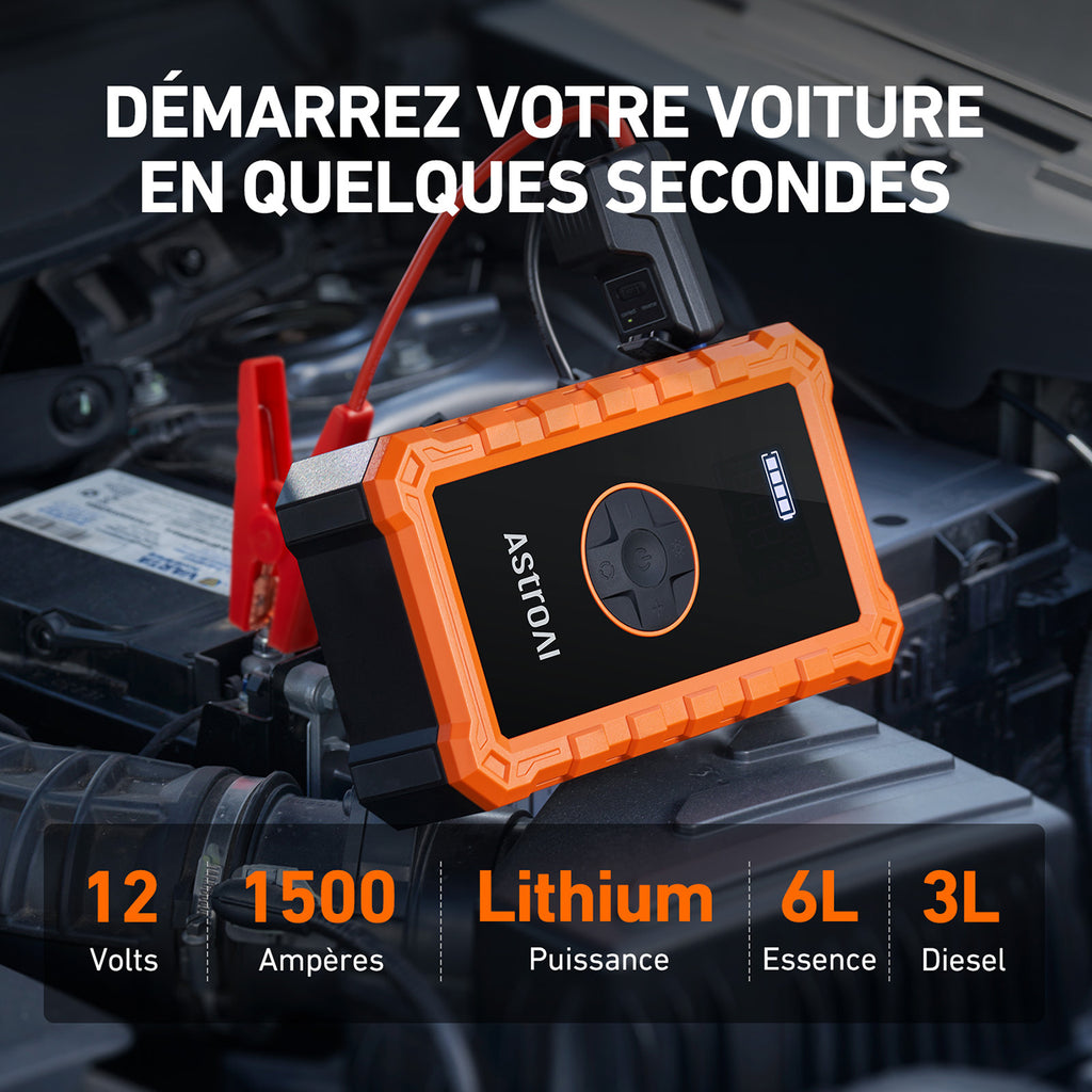 ASTROAI S8 Air Jump Starter avec compresseur d’air, démarrer de voiture portable 1500 A (6,0 L essence/3,0 L diesel), gonfleur de pneu sans fil 150 psi avec arrêt automatique