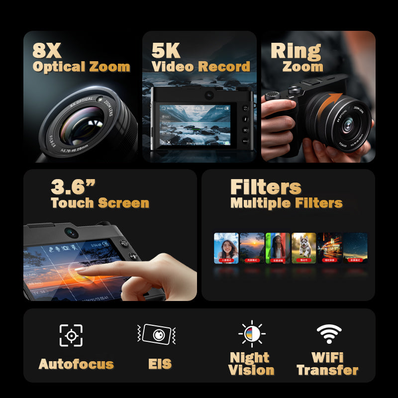Songdian Appareil photo numérique avec objectif zoom optique 8X, Appareil photo double objectif 5K 64MP, Vision nocturne couleur pour étudiants adolescents débutants, Noir