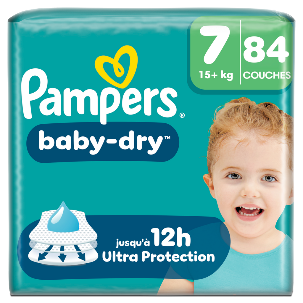 Pampers Baby-Dry, Taille 7, 84 Couches, 15 kg+, Une Nuit Jusqu'à 100 % Sans Fuite