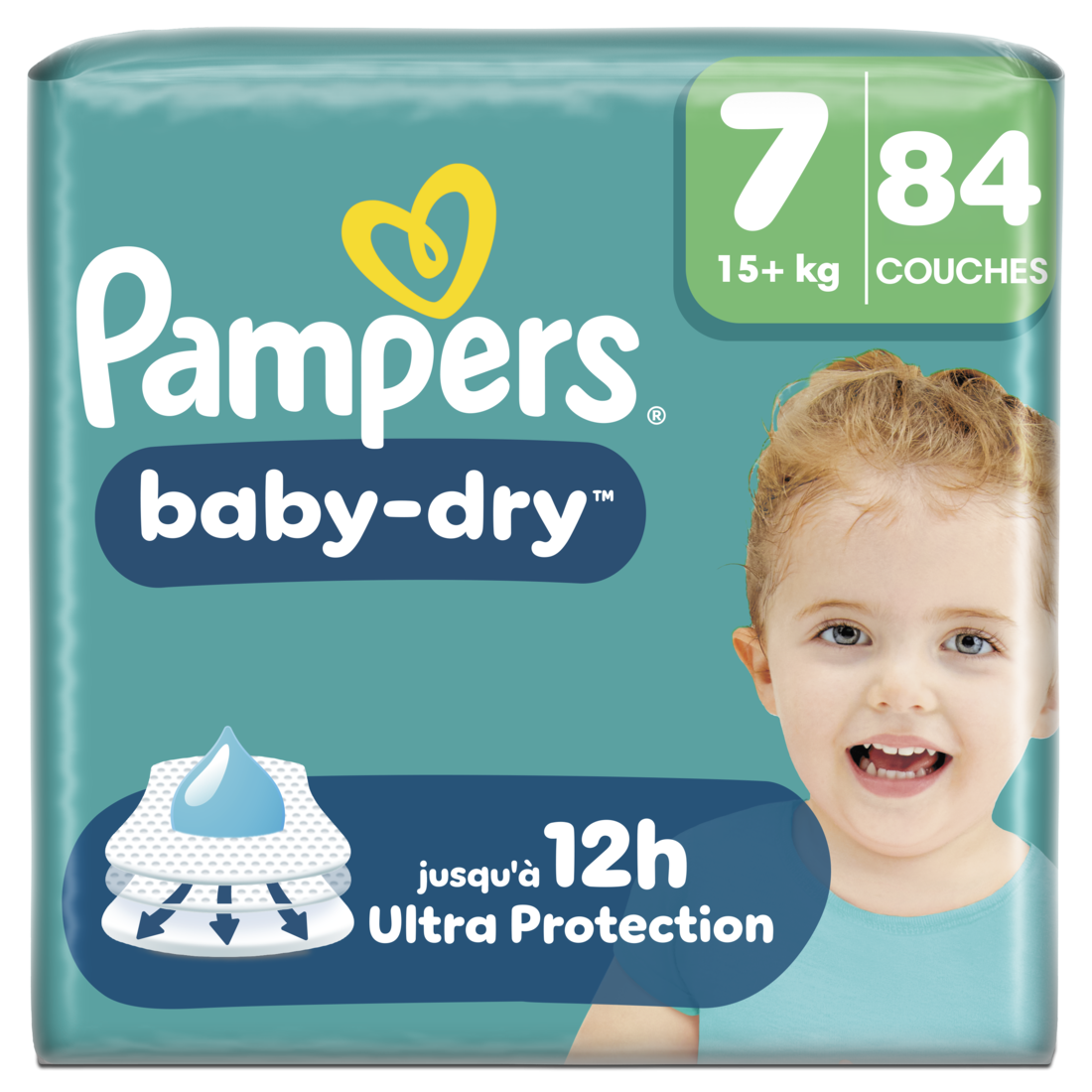 Pampers Baby-Dry, Taille 7, 84 Couches, 15 kg+, Une Nuit Jusqu'à 100 % Sans Fuite