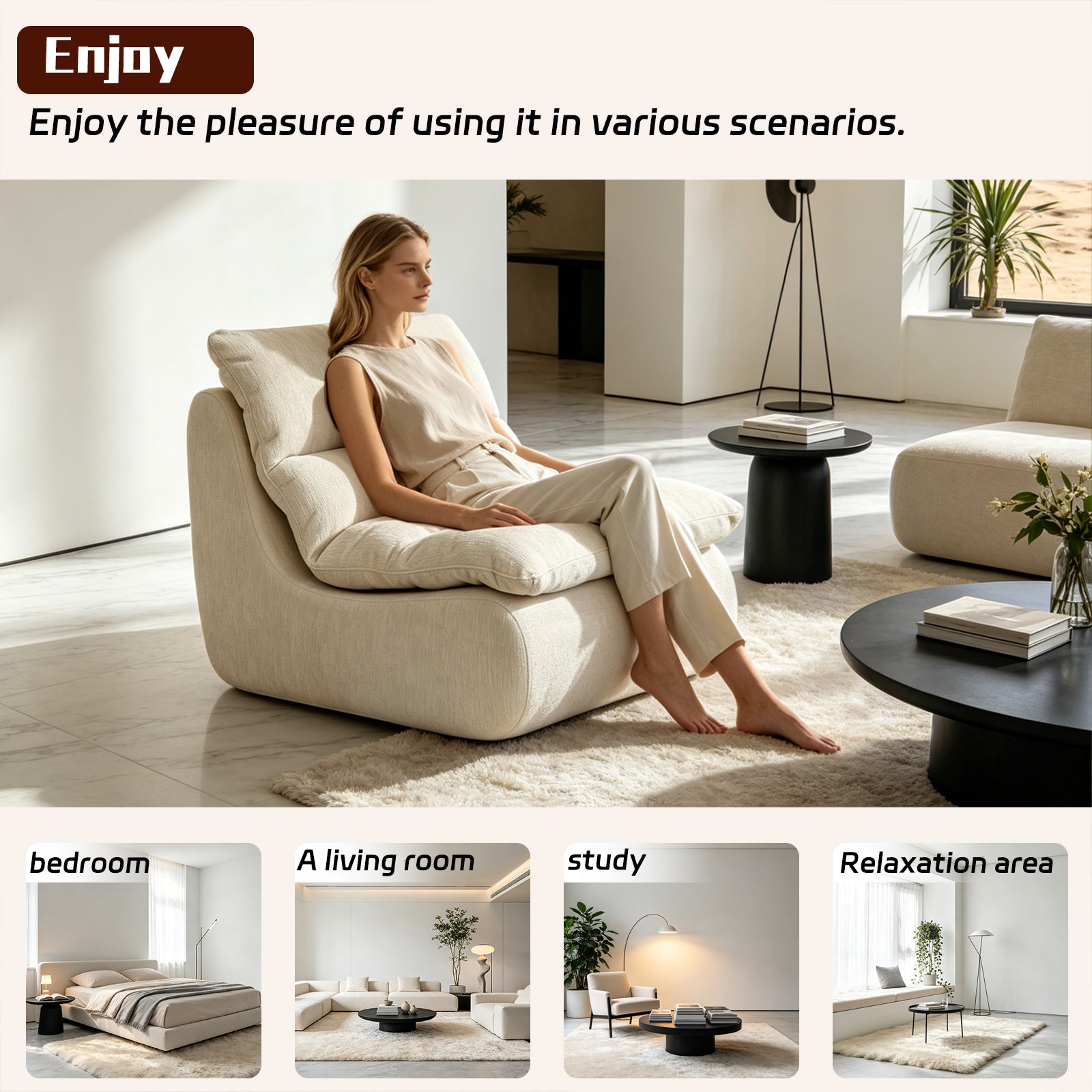 Un fauteuil à mémoire de forme haute densité, chaise de salon confortable en velours chenille, chaise de lecture détendue, pour salon, chambre, salle de jeux, blanc