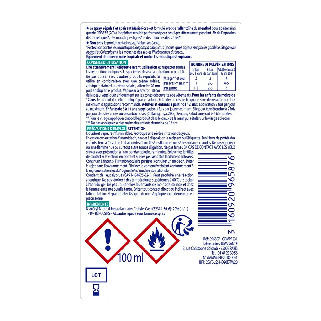 MARIE ROSE Spray répulsif anti-moustiques, Protection 6 heures, Formule IR3535, Apaisant, 100 ml