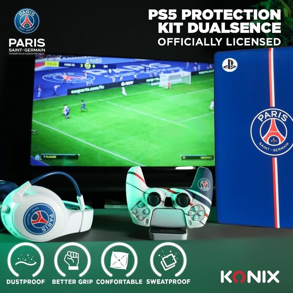 Konix PSG Coque de protection pour manette DualSense PS5 - Silicone - Appuie-pouces - Bleu, blanc et rouge