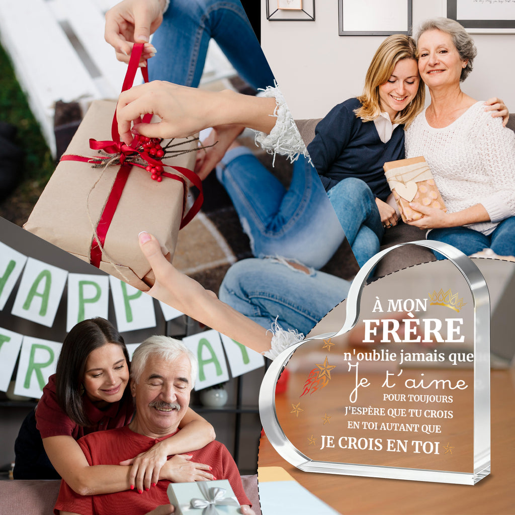 Alphynix 1 pc plaque en cristal cœur, "MON FRÈRE" cadeau français avec motif couronne et étoiles, Souvenir frère émouvant avec message "Je t'aime pour toujours", Cadeau d'encouragement pour frère
