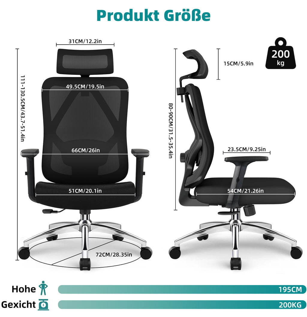 GTIMEX Chaise de bureau ergonomique avec soutien lombaire en mousse à mémoire de forme 3D, fonction bascule jusqu’à 135°, charge maximale 200 kg, maille respirante