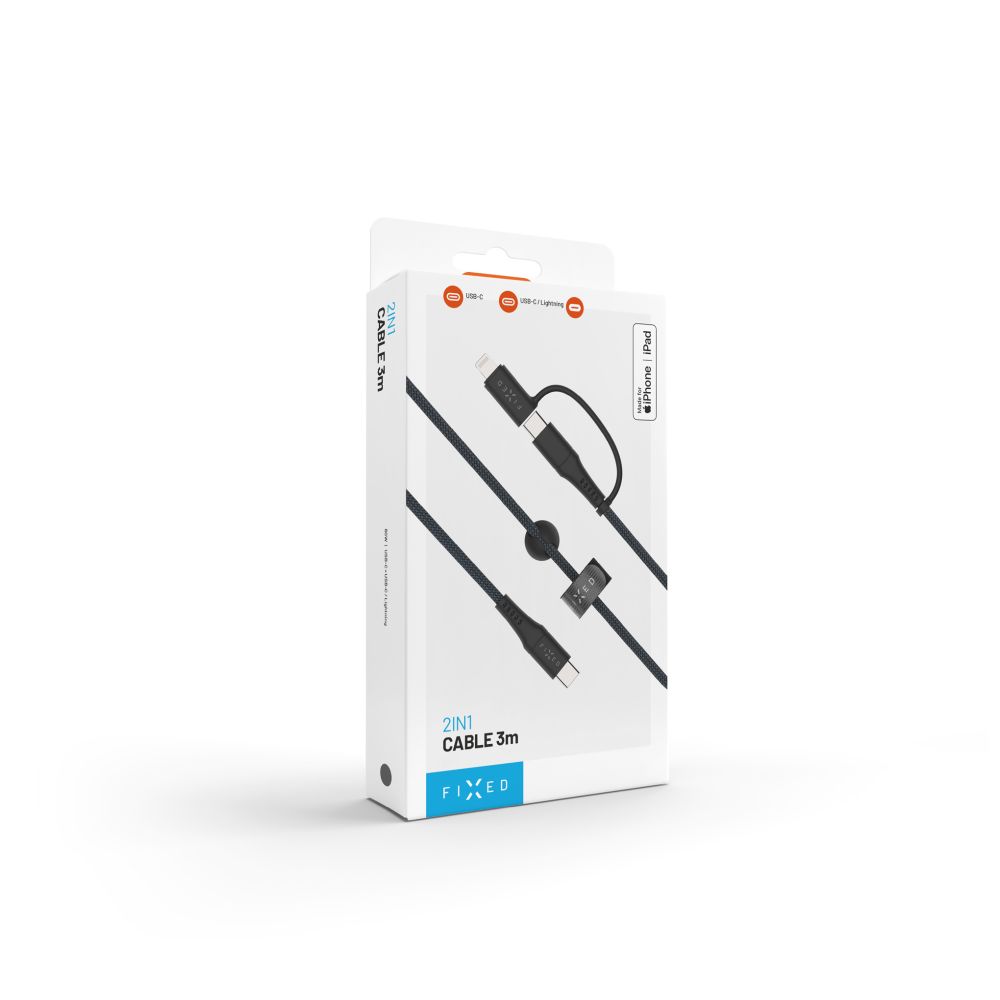 FIXED Câble USB-C vers USB-C tressé avec adaptateur Lightning, 3 m, Certifié MFi, Charge Rapide PD 60W, Gris