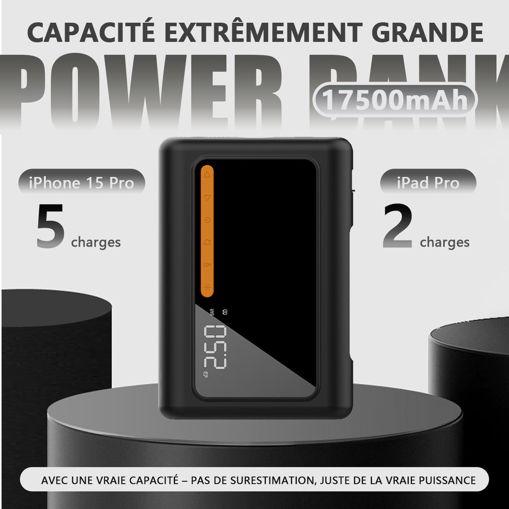 Démarreur de voiture GOKKCL GK01 à ions sodium, grande capacité 17 500 mAh, pack de démarrage d'urgence 4 en 1 avec pompe à air haute pression 25 cylindres (150 PSI)