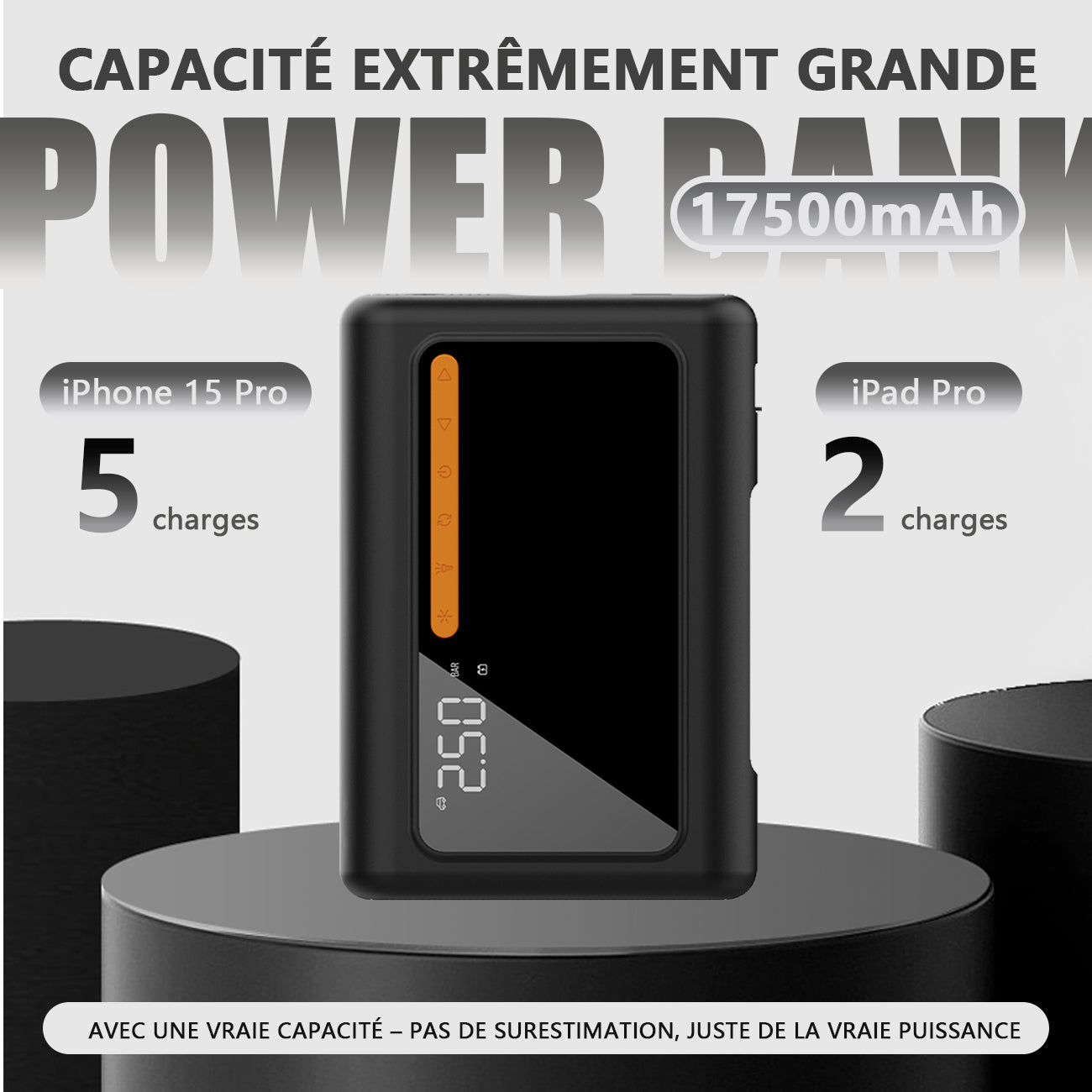 Démarreur de voiture GOKKCL GK01 à ions sodium, grande capacité 17 500 mAh, pack de démarrage d'urgence 4 en 1 avec pompe à air haute pression 25 cylindres (150 PSI)