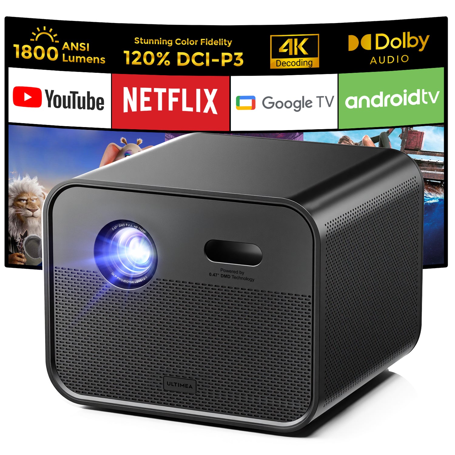 ULTIMEA Native Full HD 1080P | Vidéoprojecteur DLP Compatible 4K, 1800 Lumens ANSI, 1920 x 1080 px, Google TV, Image 3D Active, Autofocus & Correction Trapézoïdale Auto 6D