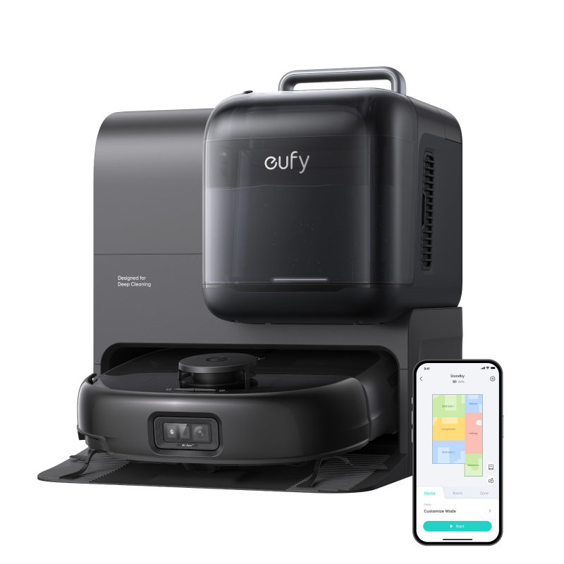 EUFY Robot aspirateur laveur 3-en-1 Omni E28, aspiration + lavage + nettoyage en profondeur portatif, aspiration de 20 000 Pa, HydroJet™ 360 fois/min, brosse anti-emmêlement, couverture de 180 m²