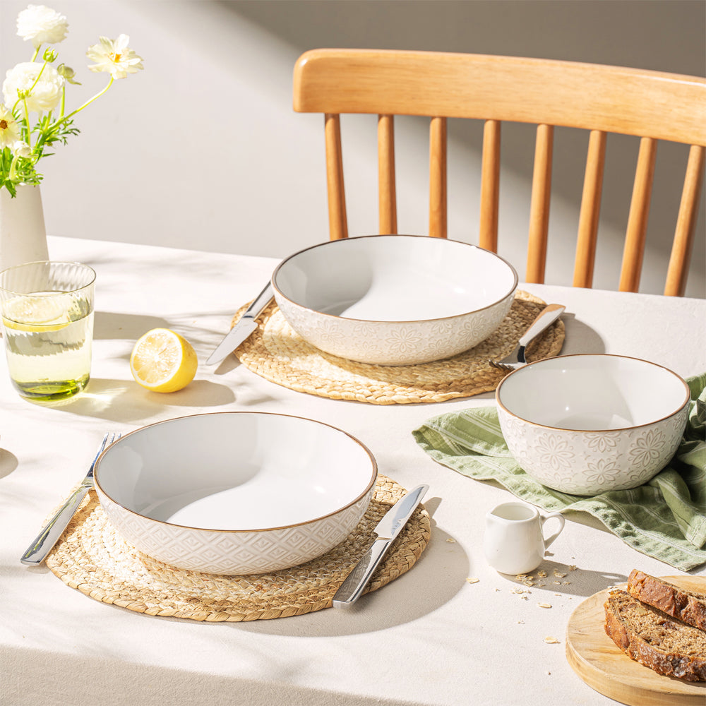 Dafuceramic Bols à Pâtes 21,5 cm, 1 L Bols de Service, Lot de 4 Bols à Salade en Céramique Empilables et Robustes, Idéal pour Cadeau de Maison ou Fêtes, Blanc Multicolore