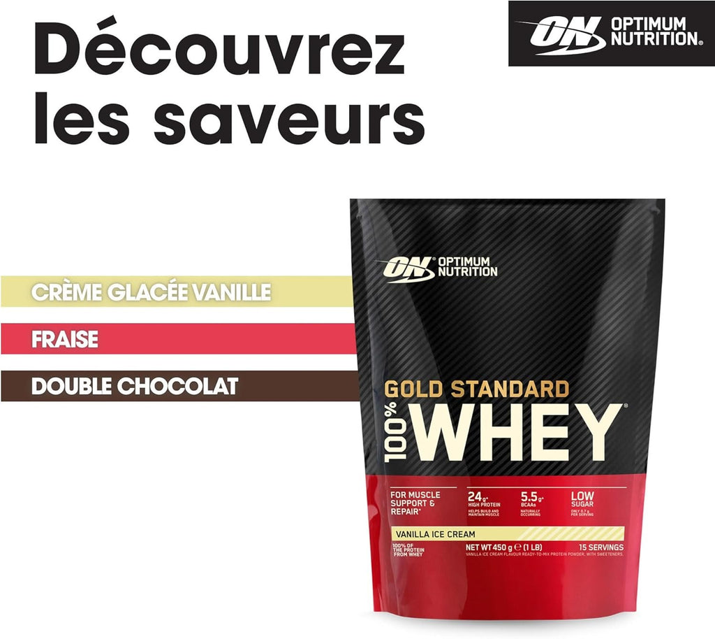 Optimum Nutrition Gold Standard 100 % Protéine de lactosérum Glace à la vanille 450 g (15 portions)