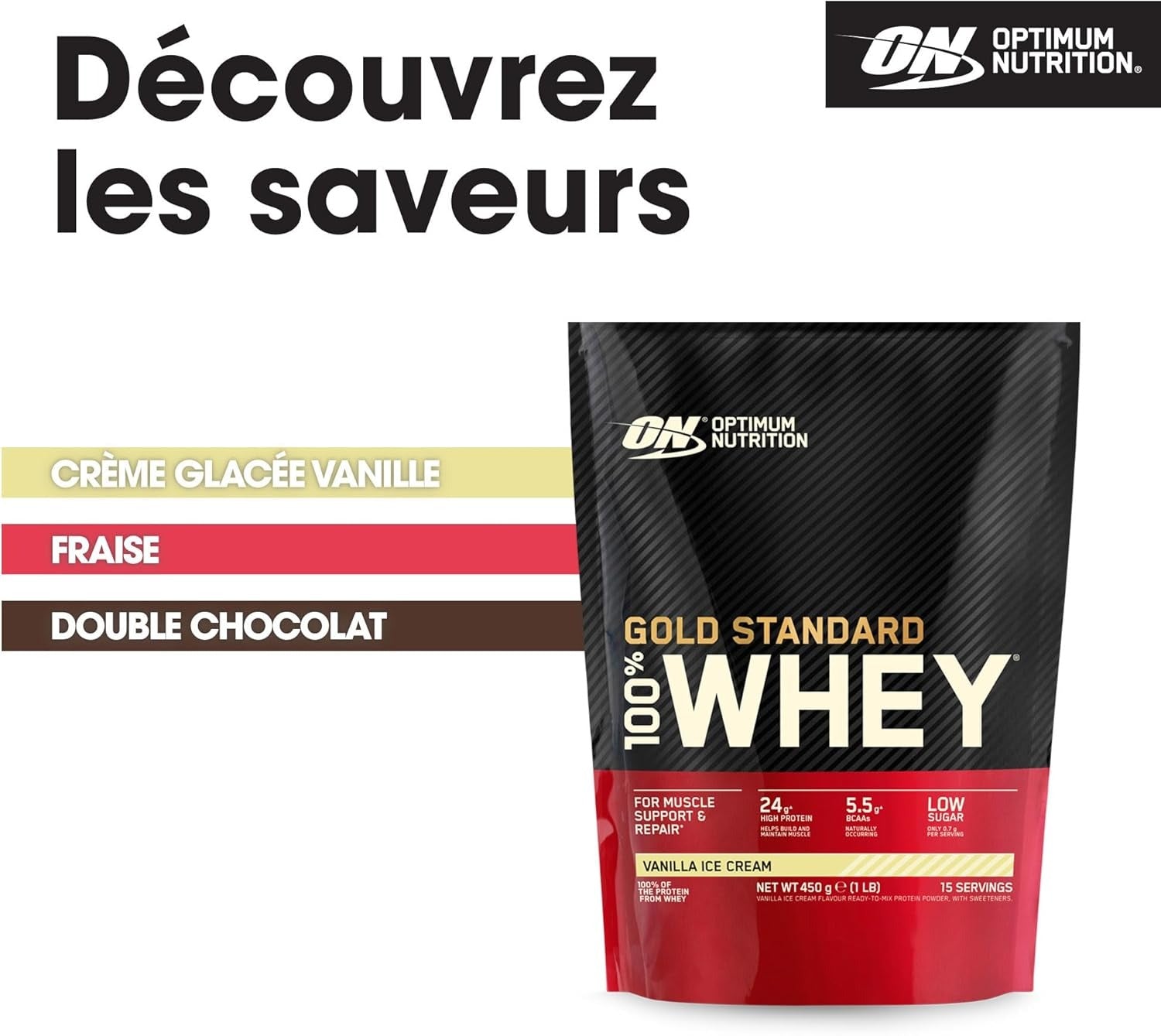 Optimum Nutrition Gold Standard 100 % Protéine de lactosérum Glace à la vanille 450 g (15 portions)