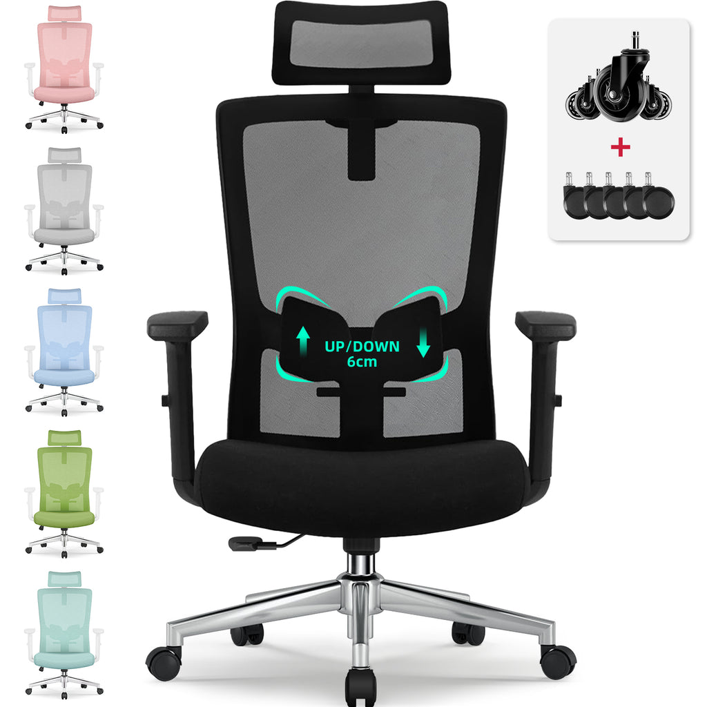 GTIMEX Chaise de Bureau Ergonomique avec Soutien Lombaire Réglable, Accoudoirs et Appui‑tête, Pivotante, Capacité 150 kg, Bascule jusqu’à 135°