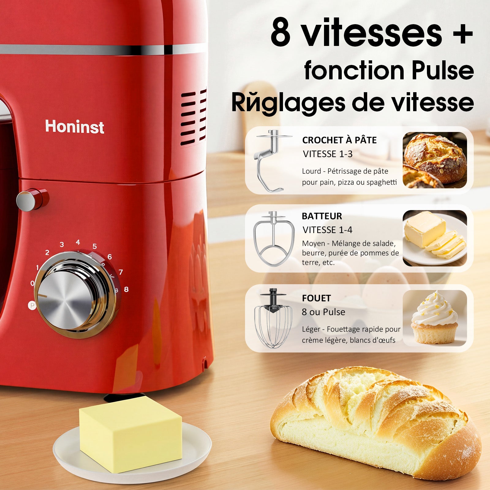 HONINST Robot pâtissier multifonction 7-en-1, 6,5 qt, 8 vitesses, tête inclinable, mixeur alimentaire électrique avec hachoir à viande, mixeur à jus, crochet pétrisseur, batteur