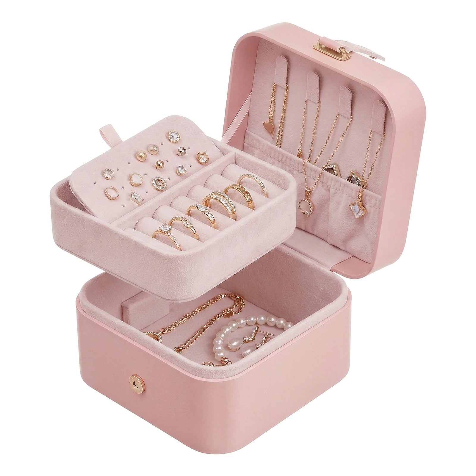 JOYFURNOS Coffret à Bijoux Compact, Rangement Portable à 2 Niveaux, Trousse de Voyage pour Accessoires, Rose