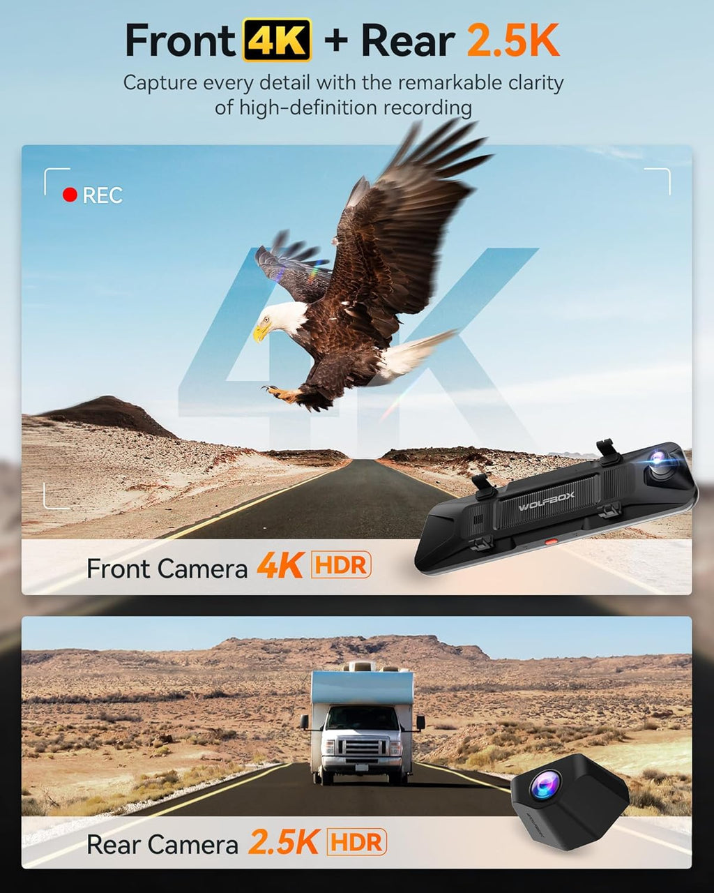 WOLFBOX G900 PRO Dashcam rétroviseur avec capteur 8 MP STARVIS IMX678, caméra rétroviseur 12 pouces avec vision arrière 2,5K et avant 4K, carte SD 128 Go incluse, commande vocale