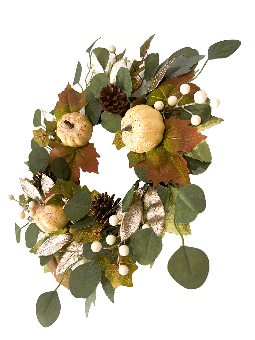 Daisy Darcy 50 cm Couronne de citrouille d'automne Base en rotin Matériau naturel : pomme de pin