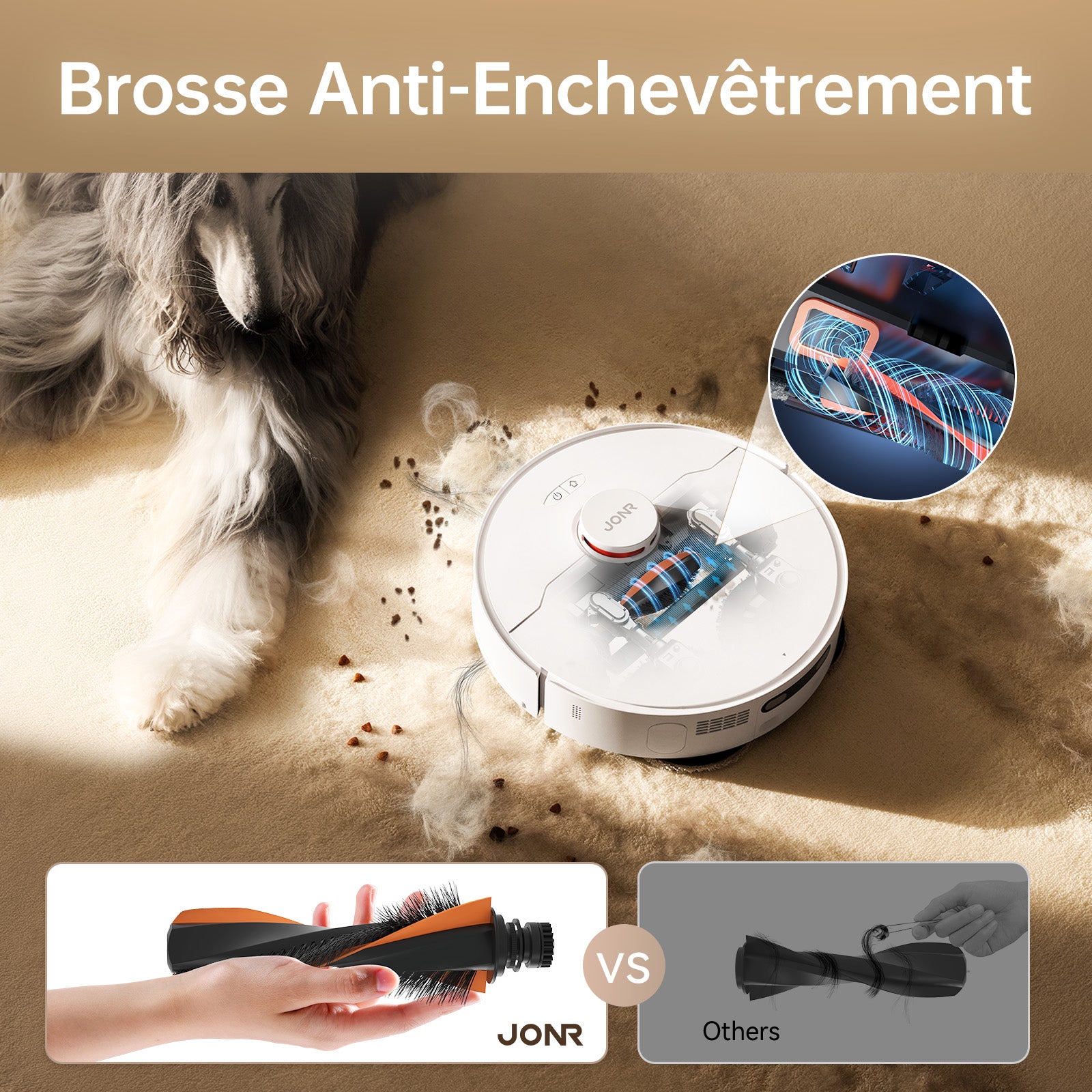 Robot Aspirateur Laveur JONR T5 Pro, Puissance d'Aspiration 8150 Pa, Séchage à l'Air Chaud, Brosse Latérale Anti-Emmêlement, Reconnaissance des Obstacles, Navigation Laser, Station de Base Tout-en-Un