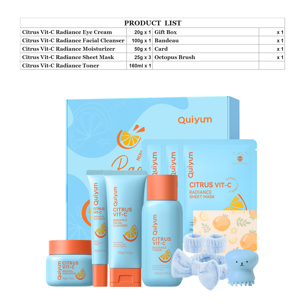 Quiyum Coffret de soins de la peau agrumes vitamine C (11 pièces), nettoyant visage 100 g, lotion tonique 160 ml, crème contour des yeux 20 g, crème visage 50 g, masque visage 25 g × 3, avec brosse nettoyante visage pieuvre, kit facial imperméable 3