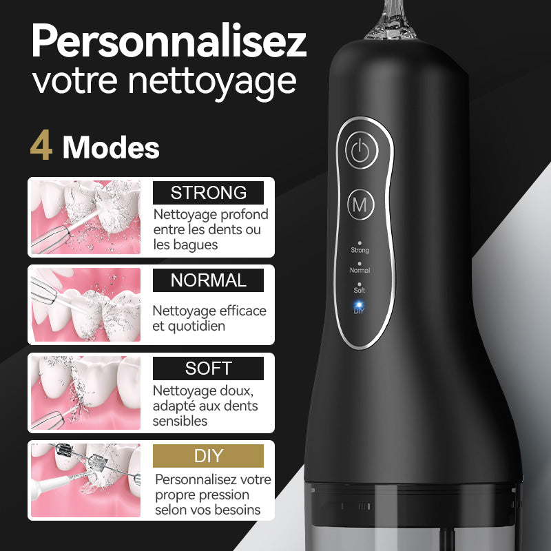 Sunluxy Hydropulseur Dentaire Portable Sans Fil, 140 PSI, Flux d’eau Pulsé Haute Pression, 4 Modes, Réservoir d’eau Amovible 260 ml, Autonomie de 50 Jours