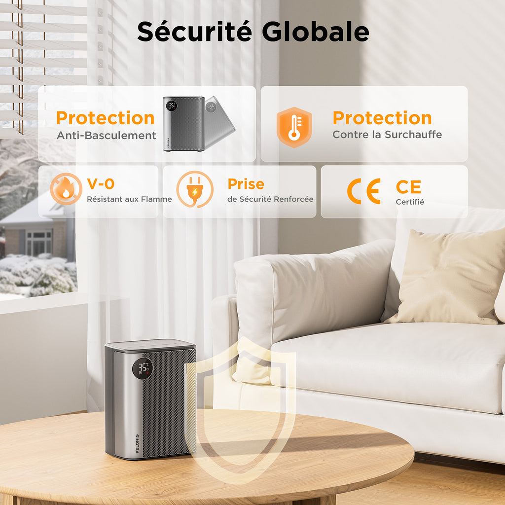 PELONIS Chauffage soufflant céramique 2000 W, 5 modes, écoénergétique avec mode ECO, thermostat, minuterie 24 h, protection contre la surchauffe et le basculement, portable