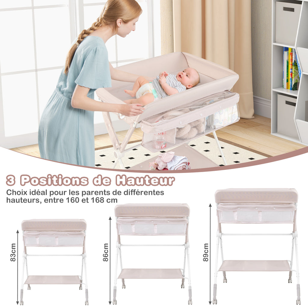 Costway Table à langer avec niveau réglable à 3 positions et 4 roulettes universelles - Naturel