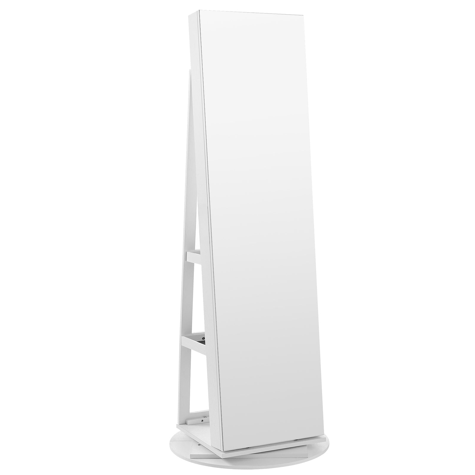 JOYFURNOS HOME Armoire à bijoux avec miroir pivotant à 360° et serrure, organisateur de bijoux, miroir sans cadre pleine longueur, 3 étagères de rangement, surface blanche, doublure noire