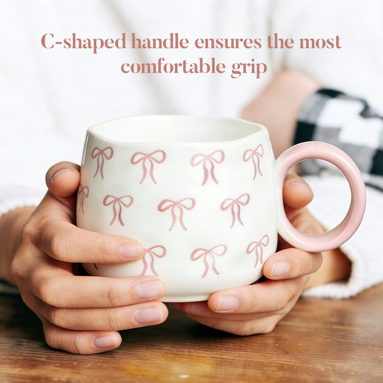 Tasse à café en céramique 400 ml Motif nœud rose Coffret cadeau inclus Pour femmes Design élégant